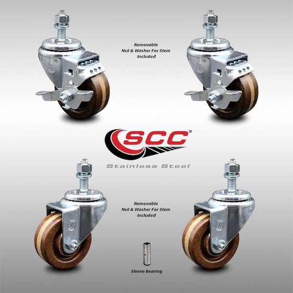 Service Caster 3 Inch SS High Temp Phenolic Swivel 1/2 Inch Threaded Stem Caster Brakes SCC, 2PK SCC-SSTS20S314-PHSHT-121315-2-TLB-2 - main